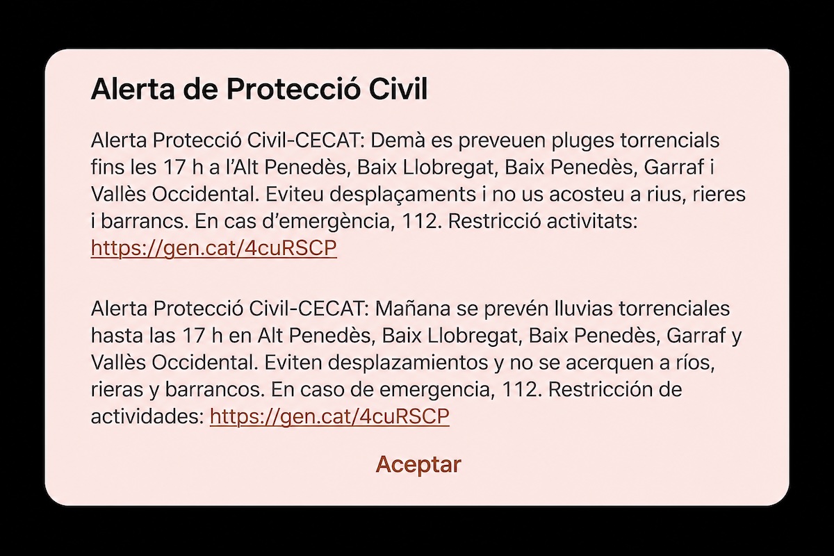 Protecció Civil envia una alerta als mòbils de Sant Vicenç dels Horts per risc d’inundacions sobtades